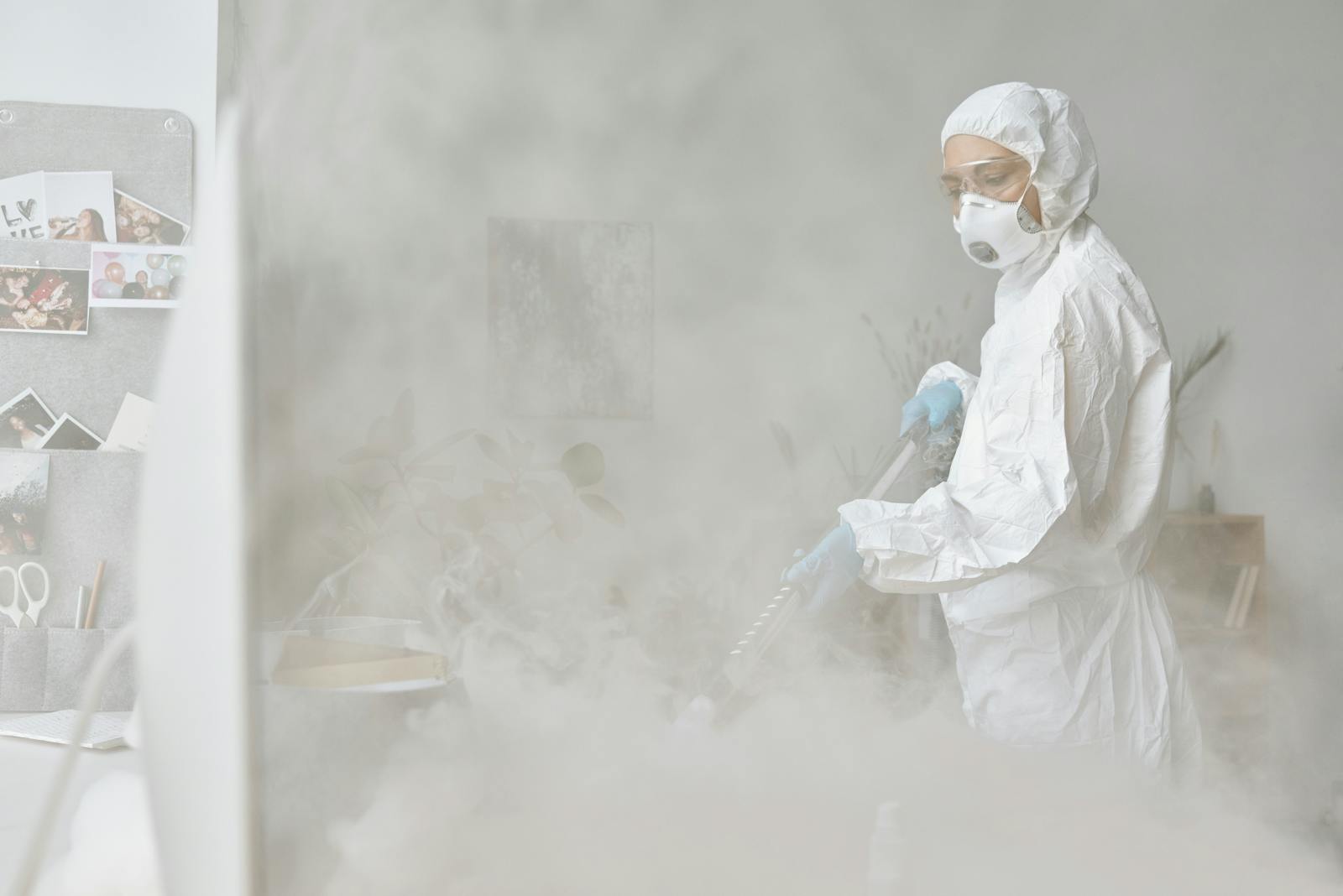 Protective worker fogging an indoor room