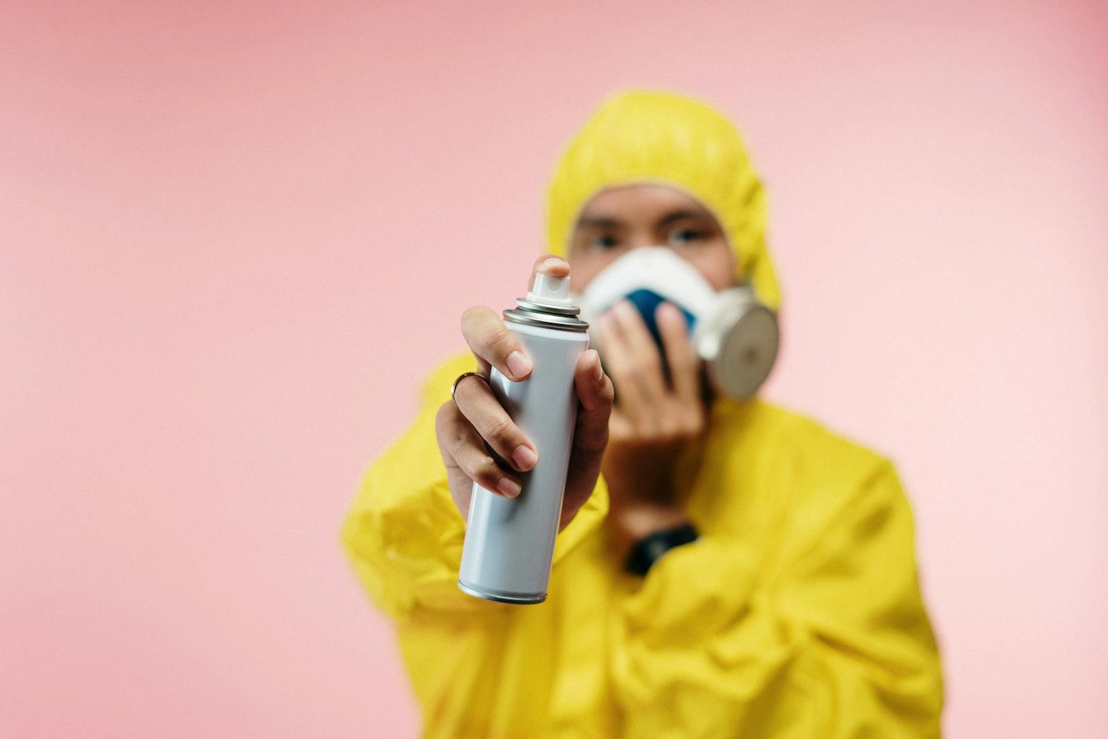 Protective cleaner in yellow coveralls holding disinfectant